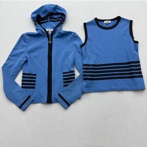 St John Sport by Marie Gray Blue Black Stripe Knit Zip Hoodie Tank Set Size P